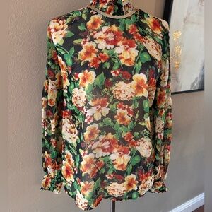 Floral print mock neck long sleeve chiffon top